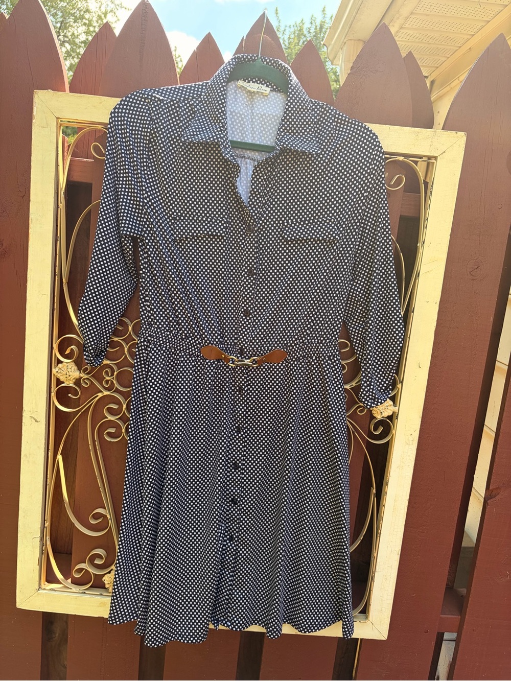 Navy Polka Dot Long-Sleeve Shirt Dress with Belt